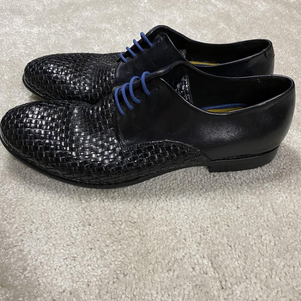 Crispiniano Shoes Mens 12 Black Woven Leather Derby Lace Up Dress Made Italy